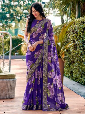 Women'S Georgette Violet Embellished Designer Saree With Blouse Piece