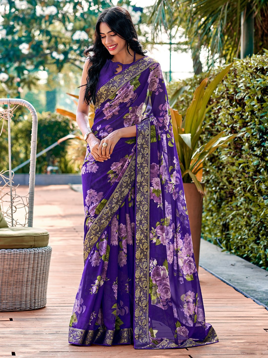 Women'S Georgette Violet Embellished Designer Saree With Blouse Piece