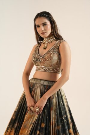 Olive Green Printed Lehenga Set