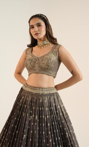 Charcoal Grey Embroidered Lehenga Set