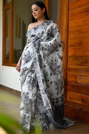 White With Black Linen Saree With Floral Print