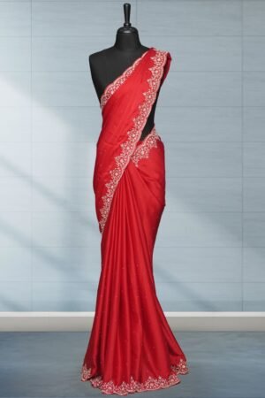 Red Satin Crepe Designer Saree