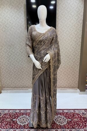 Grey Zari, Beads And Sequins Work Saree