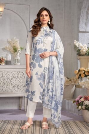 Cream And Blue Floral Printed Kurta Set With Dupatta