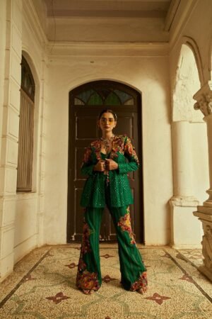 Forest Green Soft Organza Jacket Set With Silk Palazzo Pants