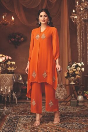 Burnt Orange Asymmetrical Kurta Set With Embellished Palazzo