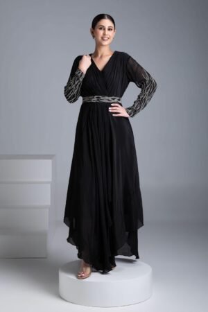 Black Georgette Gown With Silver Embroidery