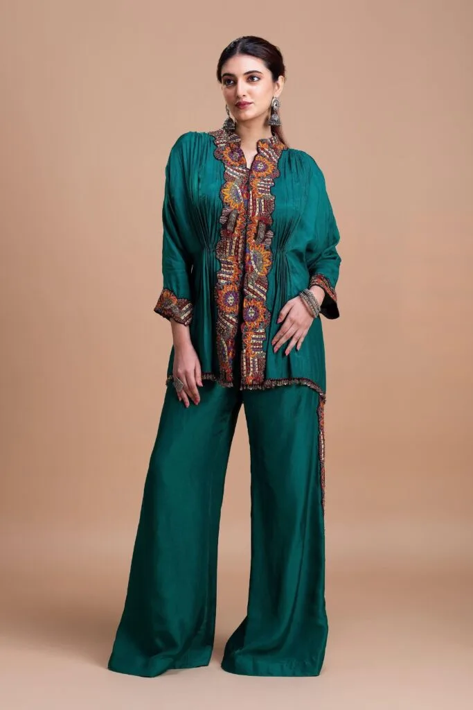 Emerald Green Embroidered Silk Co-Ord Set by Mokshaa, South Asian ethnic wear
