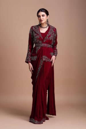 Wine Red Embroidered Blazer-Style Saree Set