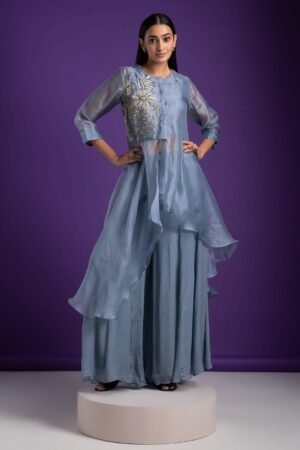 Grey Blue Asymmetrical Top And Palazzo Set