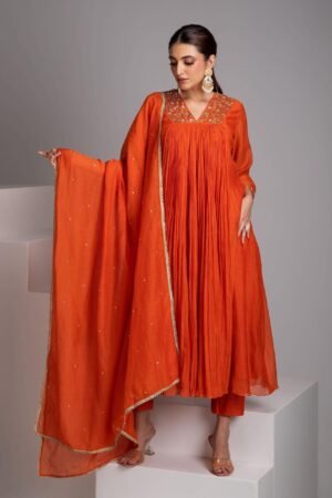 Rust Orange Embellished Anarkali Set