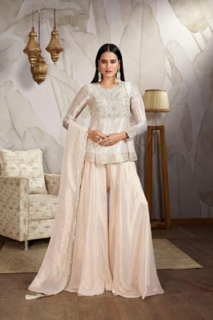 Pastel Beige Embellished Tissue Organza Silk Palazzo Set