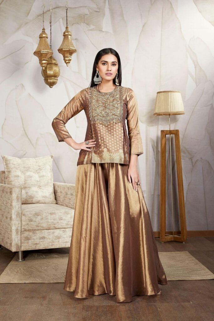 Bronze Embellished Premium Brocade Silk Palazzo Set by Mokshaa, South Asian ethnic wear