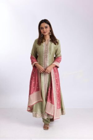 Stunning Sage Green Silk Anarkali Suit Set With Pink Satin-Silk Dupatta