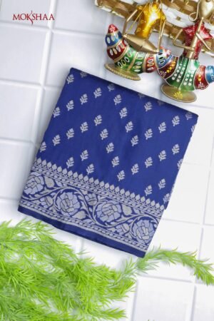 Royal Blue Banaras Semi Silk Saree With Silver & Gold Zari Work