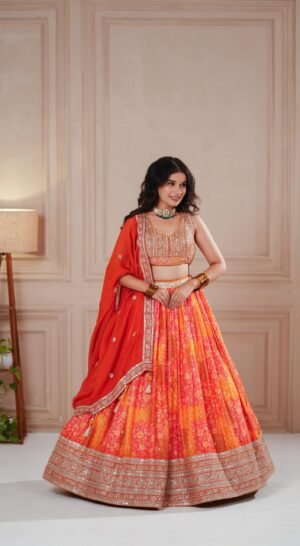 Sunset Orange Bandhej Lehenga With Mirror & Zardosi Embroidery