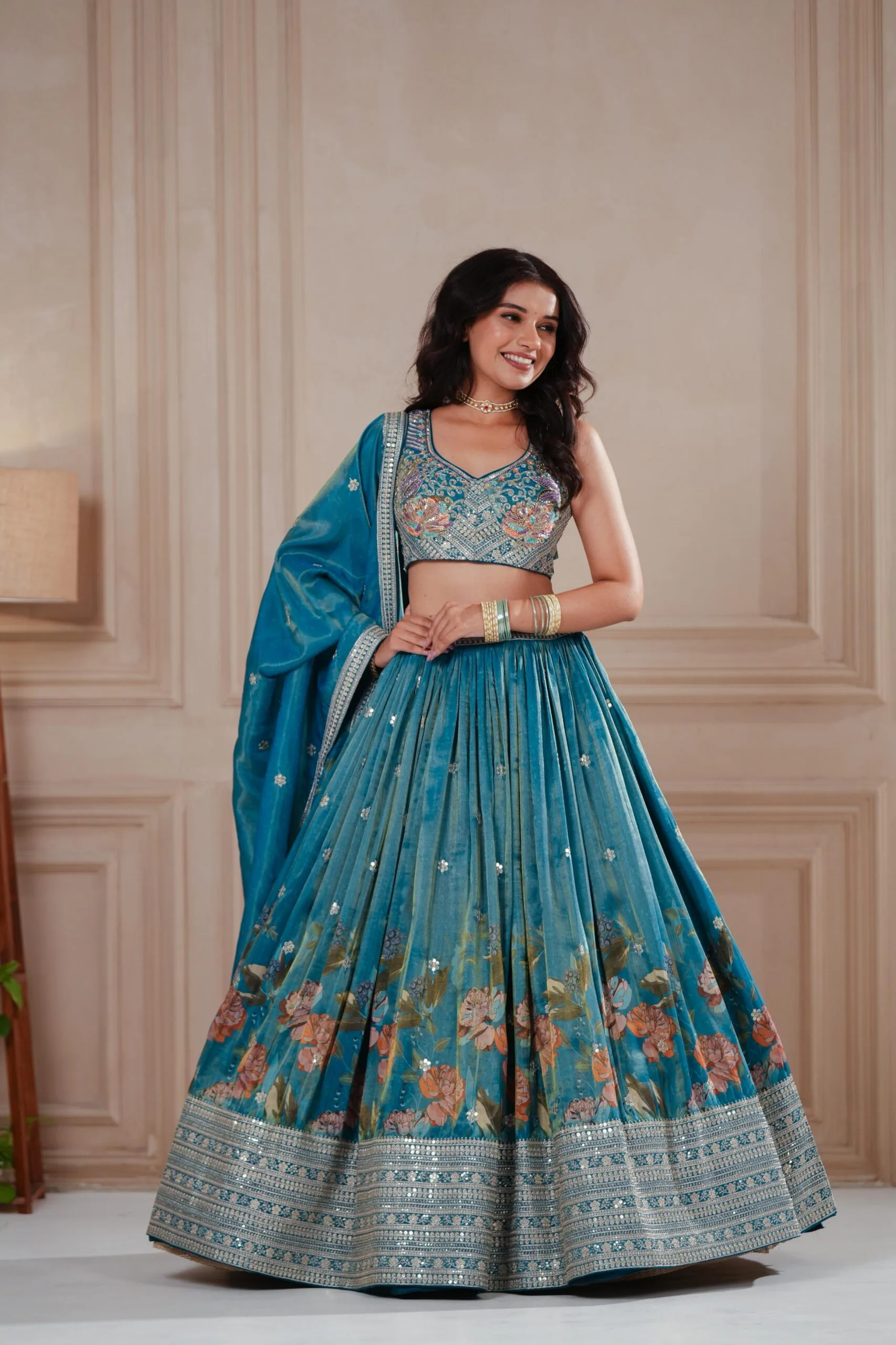 Sea Green Tissue Lehenga With Floral Digital Print & Hand-Embroidered Blouse by Mokshaa, South Asian ethnic wear