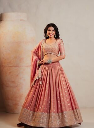 Peach Tissue Lehenga With Zari Weaving & Sequin Embroidered Blouse