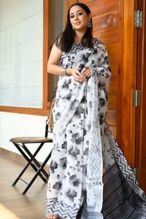 Cream With Black Linen Saree With Digital Floral Print