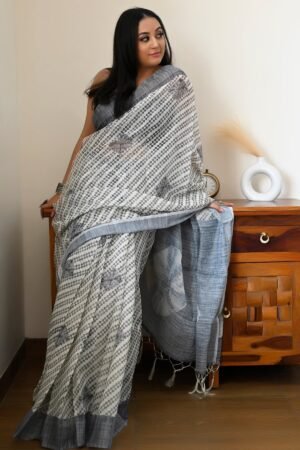 Cream Grey Linen Saree With Digital Print