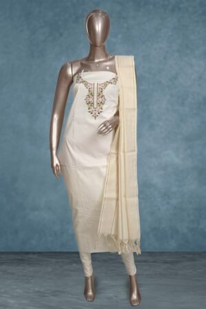 Cream Cotton Unstitched Salwar Suit With Embroidery And Striped Dupatta