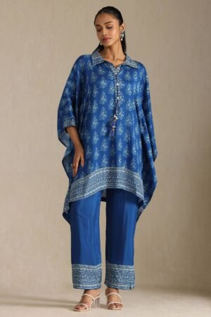 Indigo Muslin Floral Print Kaftan Suit With Tassels