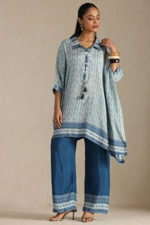 Indigo Muslin Paisley Print Kaftan Suit With Tassels