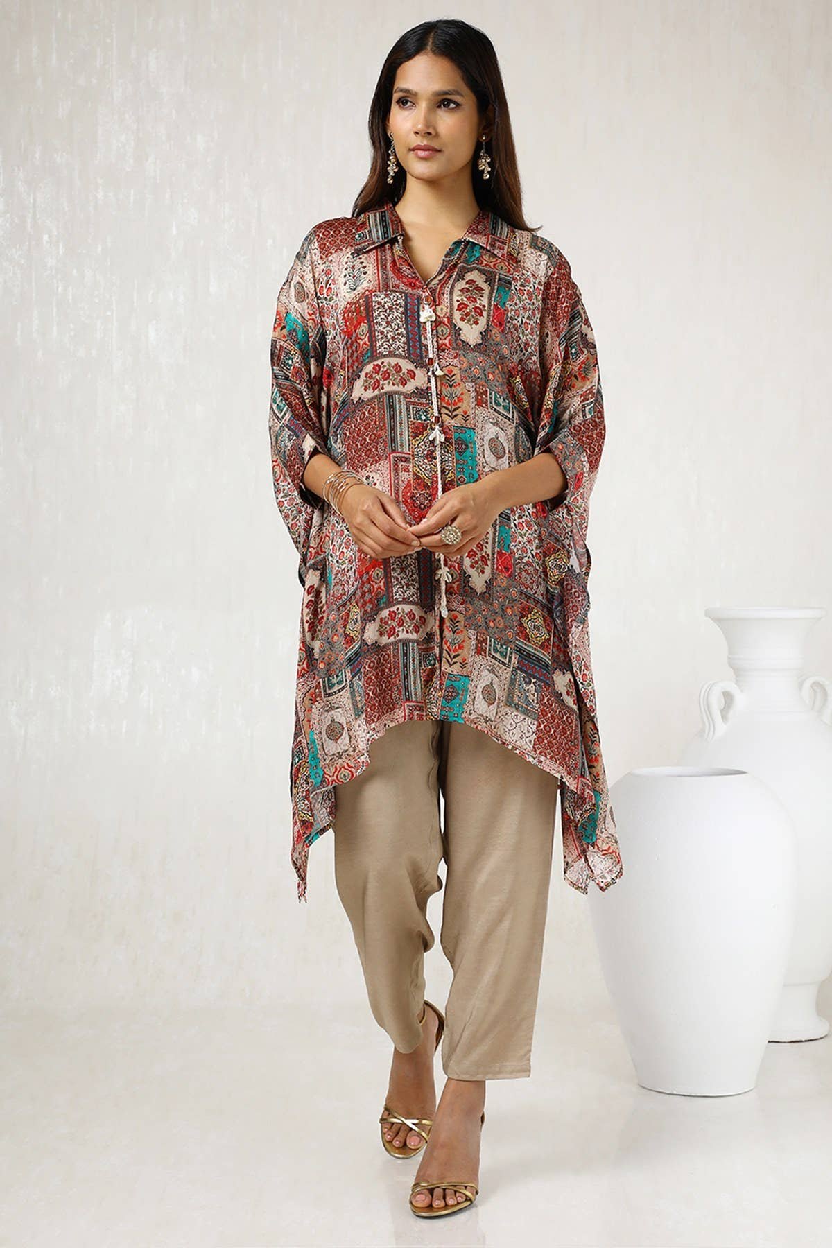 Multicolour Ethnic Motifs Print Chinon Kaftan Suit