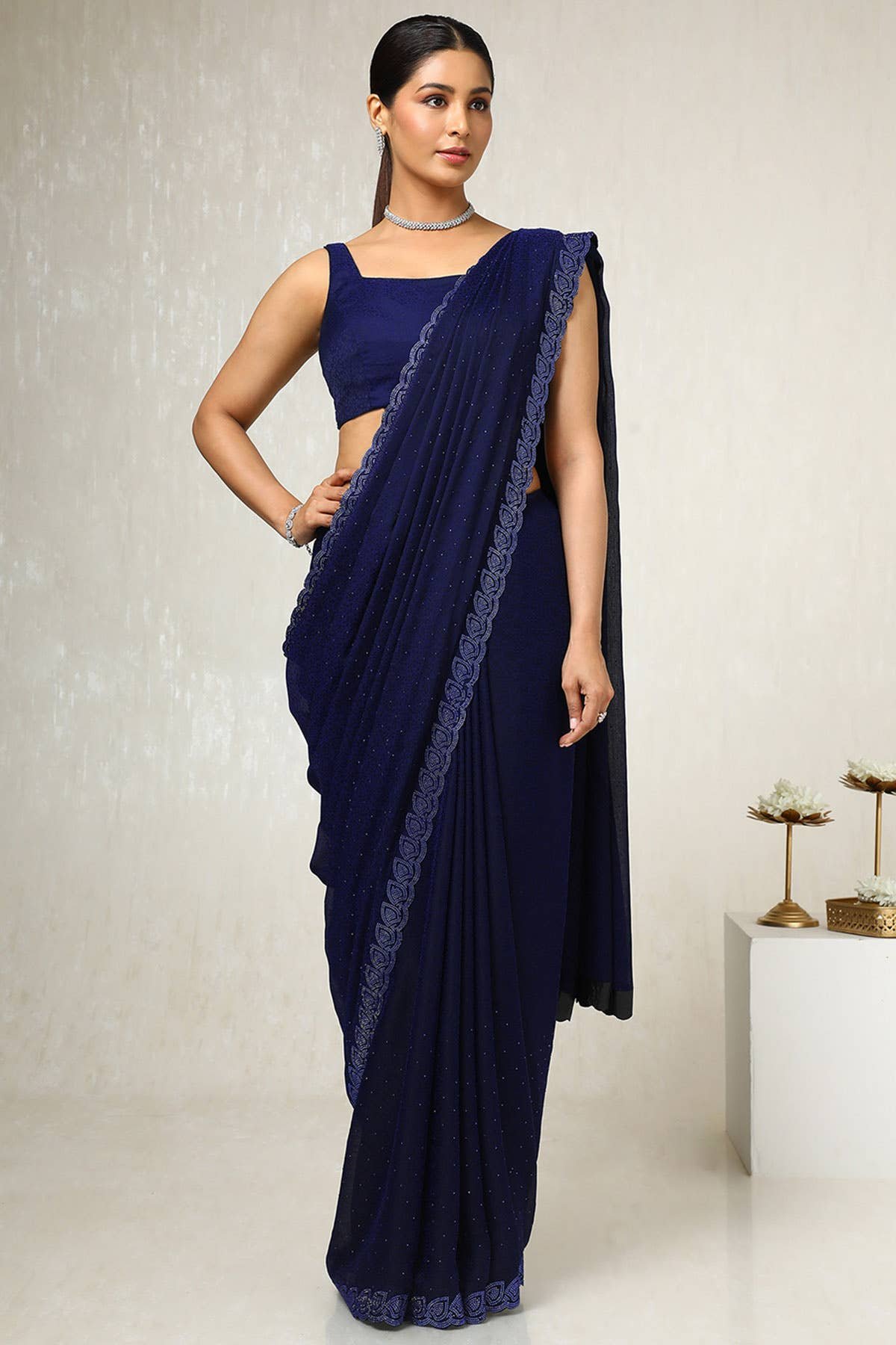 Navy Blue Chiffon Floral Print Saree With Stone Work