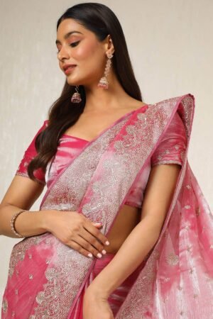 Onion Pink Organza Embroidered Saree With Stone Work
