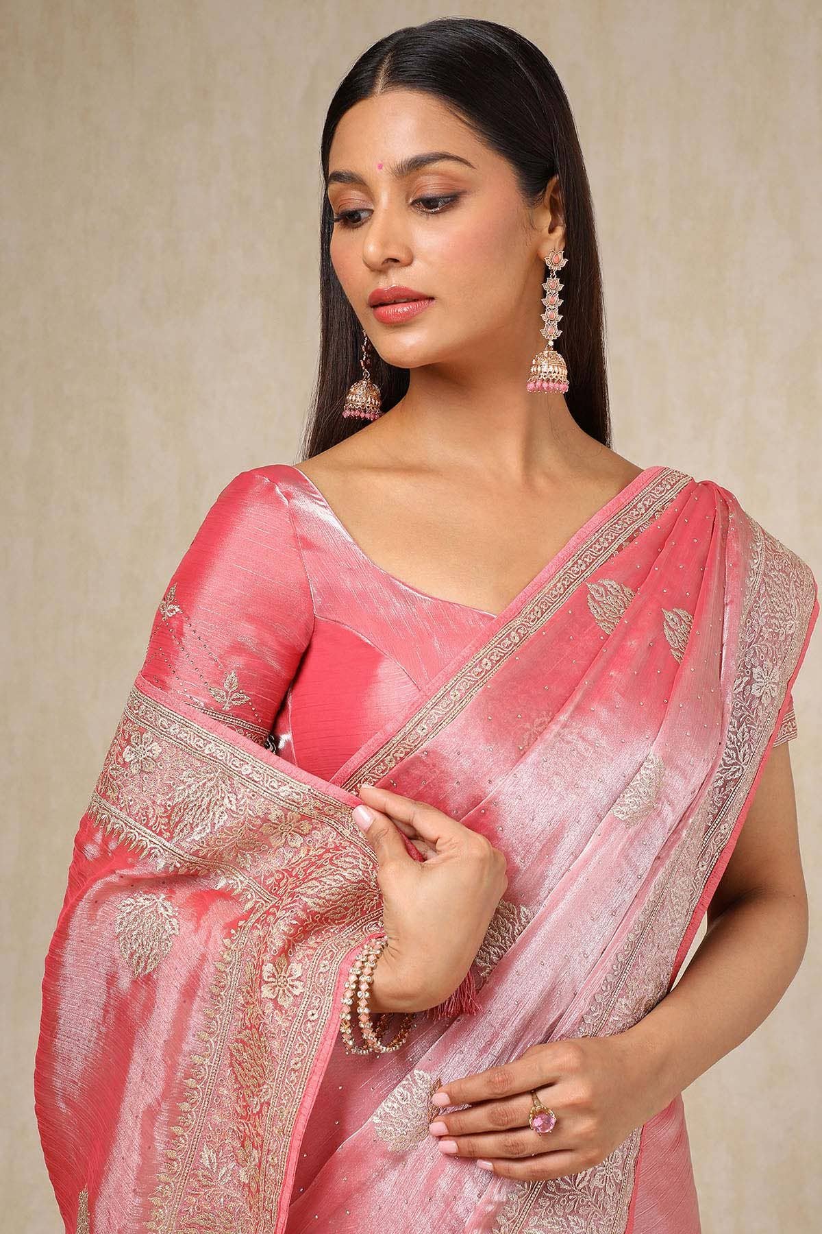 Peach Organza Embroidered Saree With Stone Work