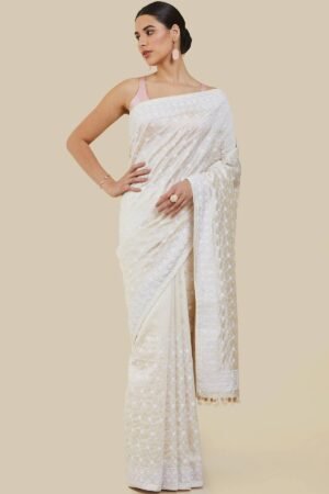 Cream Tussar Floral Embroidered Saree