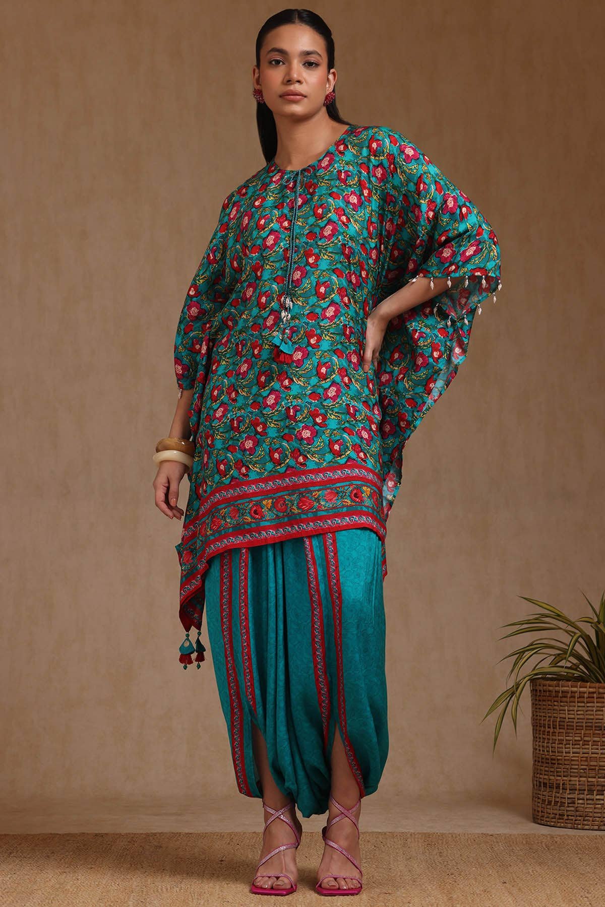 Teal Muslin Floral Print Kaftan Suit With Tassels