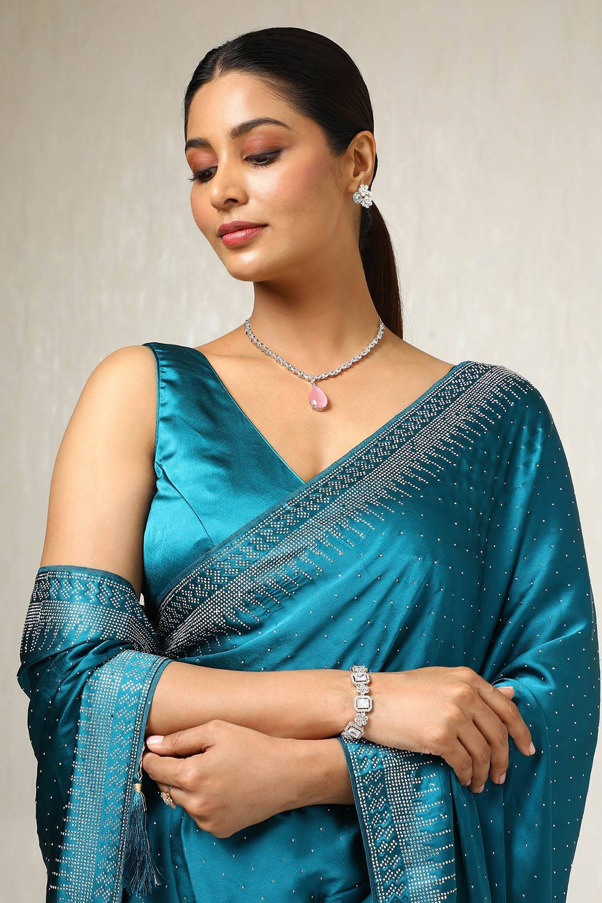 Teal Satin Embellished Saree With Stone Work by Soch, South Asian ethnic wear