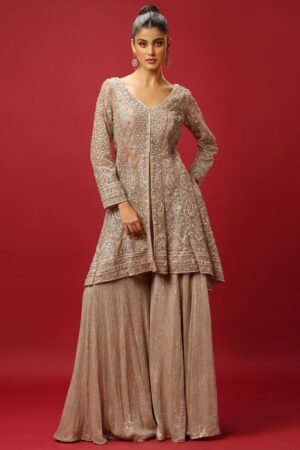 Beige Gold Sequin Palazzo Pant Set Paire...