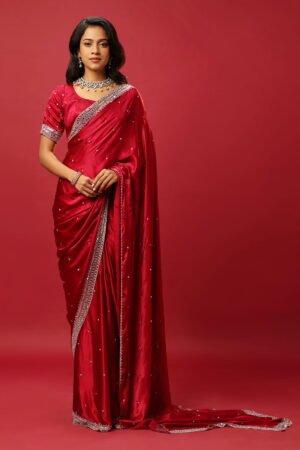 Reddish Pink Classic Saree Set With A Ha...