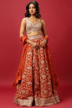 Rust Orange Lehenga Set With Gold Zari T...