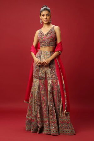 Reddish Pink Single Tiered Printed Shara...