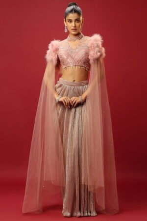 Petal Pink Draped Skirt Set And A Hand E...