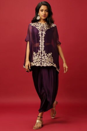 Wine Purple Draped Dhoti Set Paired With...