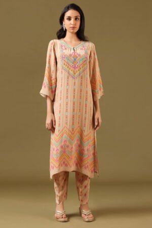 Beige Abstract Printed Classic Coord Set...