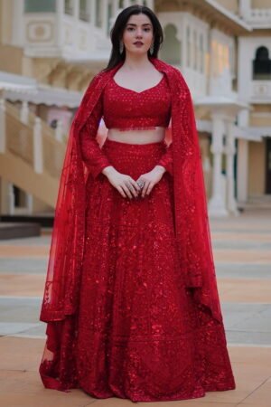 Deep Red Classic Bridal Lehenga Set With...