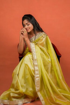 Exp - Alya - Tissue Silk Saree - Key Lime + Silver Gotta