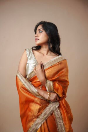 Exp - Alya - Tissue Silk Saree -  Coral Orange + Silver Gotta