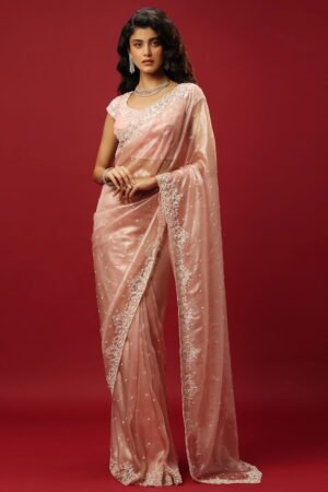 Peachish Pink Tissue Classic Saree Set W...