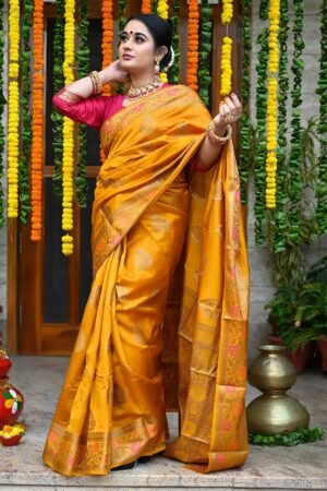 Mustard Yellow Color Handloom Pure Banarasi Silk Saree.