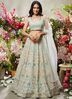 Dusty Mint Green Multicolor Embroidered Net Lehenga