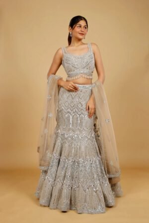 Champagne Net Mermaid Lehenga Set With Mirror, Pearl & Sequin Embroidery