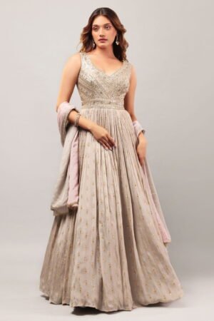 Stone Beige Grey Long Buti Work Gown Set...