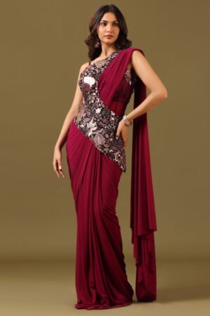 Magenta Wine Pre-Stitched Saree Gown Set...